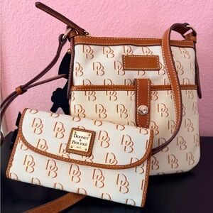 Dooney & Bourke Cream and Tan Monogram Crossbody with Matching Wallet